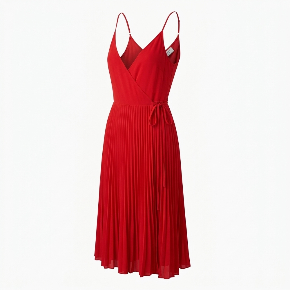 Wilfred red pleated maxi dress with adjustable spaghetti straps, v neckline, wra